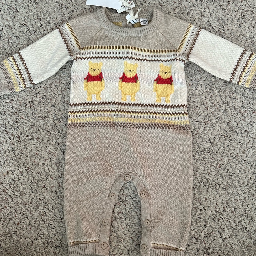 Disney Winnie the Pooh Beige Knit Baby Onesie
